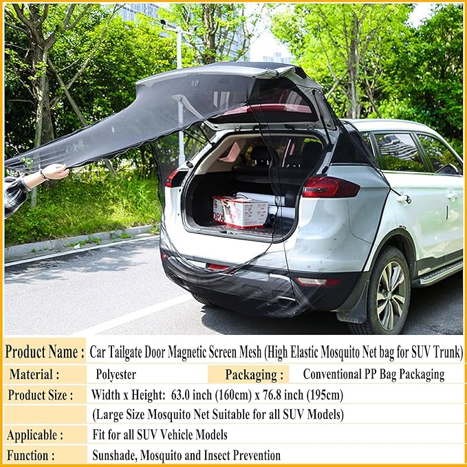Car Tailgate Door Magnetic Screen Mesh for SUV Trunk, Camping Net Screens for Car Tent, Closed with Double-Ended Zipper, Protection B-u-g-s and UV, Mosquito Net, Breathable Mesh Covers (L)
