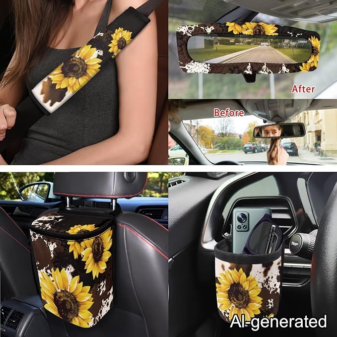 Dreaweet Car Seat Covers Full Set for Women Brown Cow Print and Sunflower Car Accessories - Steering Wheel Cover Seat Belt Pads Car Coasters Trash Bag Air Vent Pouch Rearview Mirror Cover Keychain