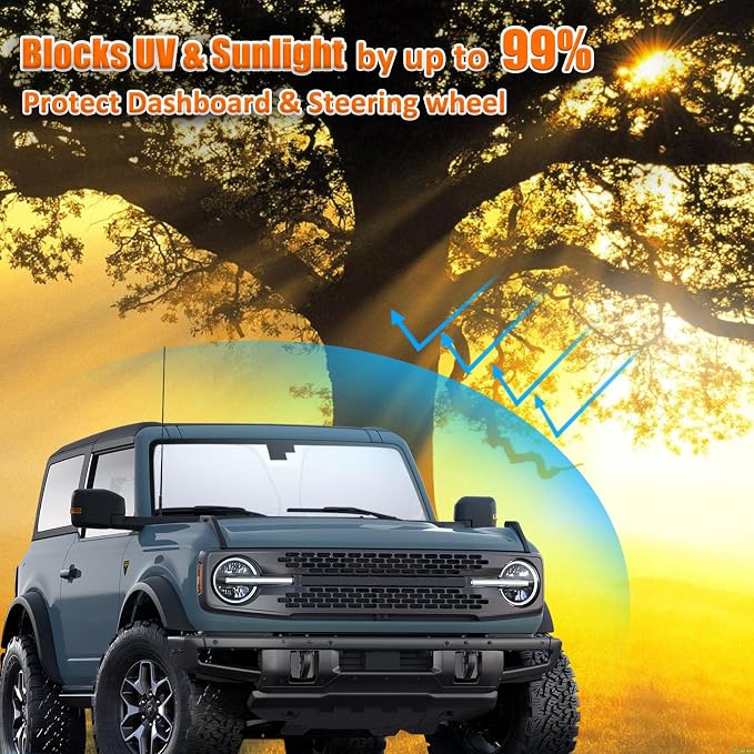 TOPINSTALL Gear Shifter Organizer and Windshield Sunshade Compatible with 2021-2024 Bronco 2/4 Door, Center Console Gear Side Storage Box Tray and Front Window Sun Protector (Not for Sport Model)