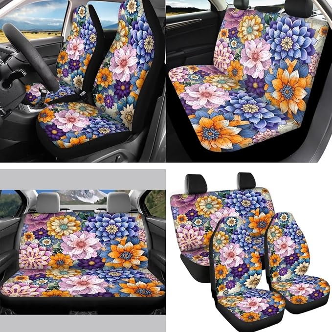 Hippie Car Seat Covers for Women Bright Blossom Flower Auto Seat Covers for front Back,Universal Fit Steering Wheel Cover Safety Seatbelt Keychain Coaster Mirror Cover,Automotive Interior Sets