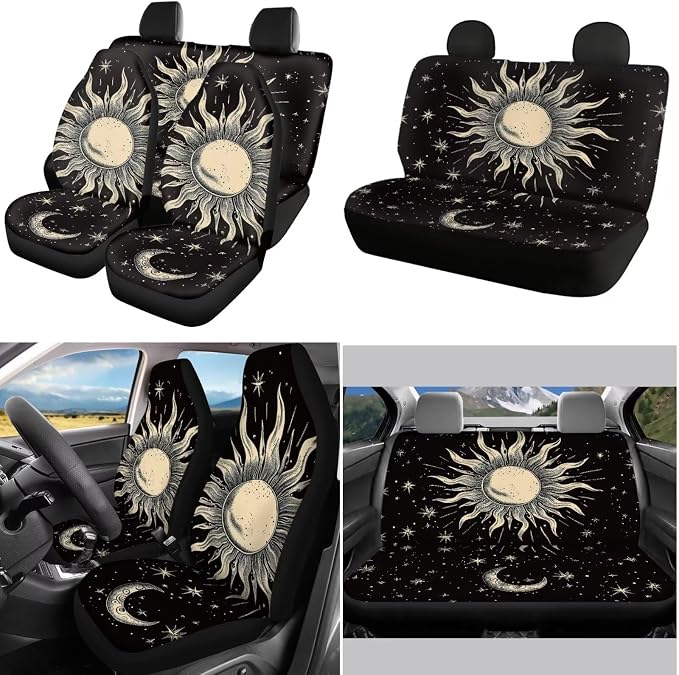 POLERO Sun Moon Star Seat Covers for Cars Vintage Interior Accessories Set 11Pcs Auto Steering Wheel Cover Seat Belt Pads Drink Coasters Cute Keychains