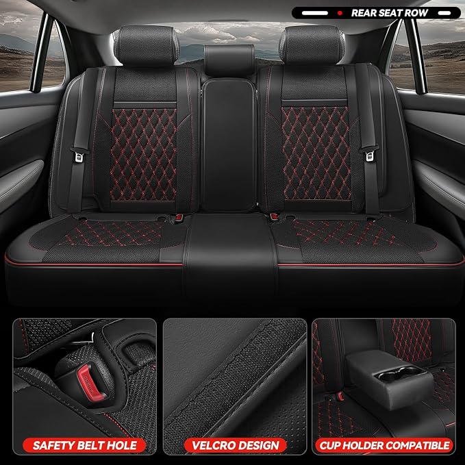 Auto Dynasty Car Seat Covers Full Set, Anti-Slip Automotive Interior Covers with Storage Pocket, Breathable Car Seat Protectors, Airbag Compatible, Fit Most Vehicles, Diamond Stitch Mesh Black