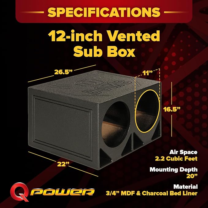 QPower QBOMB12TB-DUAL Dual 12-Inch Triangle Ported Subwoofer Box Enclosure with Durable Bed Liner Spray for Car Audio Systems