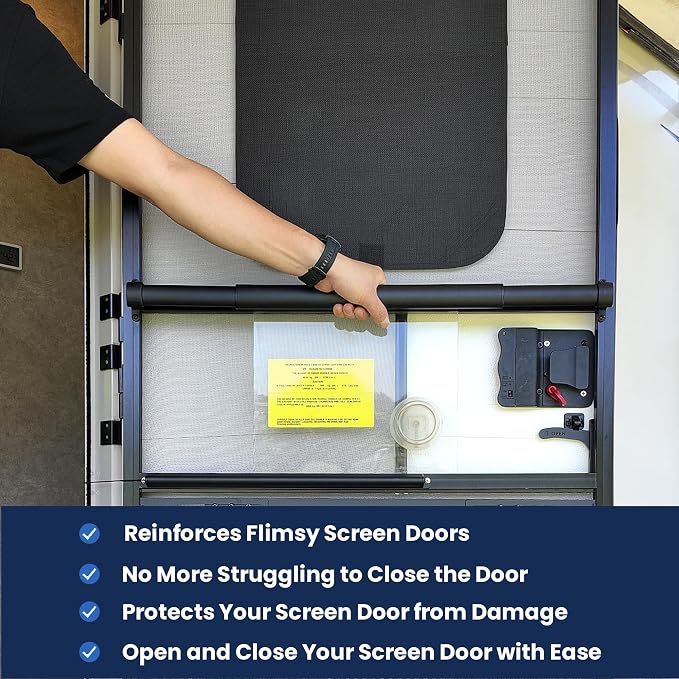 Safoner Aluminum RV Screen Door Handle Grab Bar- Adjustable Camper Screen Door Crossbar Accessories for Trailer RV Entry Support- Sturdy Push Protector for Easy Exit Assist and Pull Grip- Black