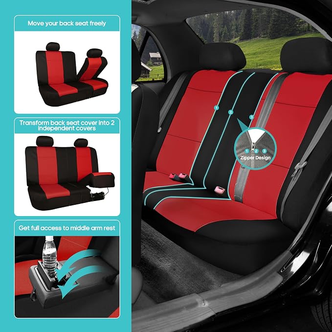 FH Group Neoprene Car Seat Covers Rear Set - Universal Fit, Washable Split Bench Seat Cover for SUV & Sedan - Red