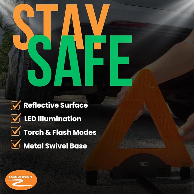 Lumen Wand Reflective Warning Triangle with LED Lights for Road Safety Metal Base | Internal LED with External Reflectors Emergency Triangle for Vehicle Breakdown Pack of 12