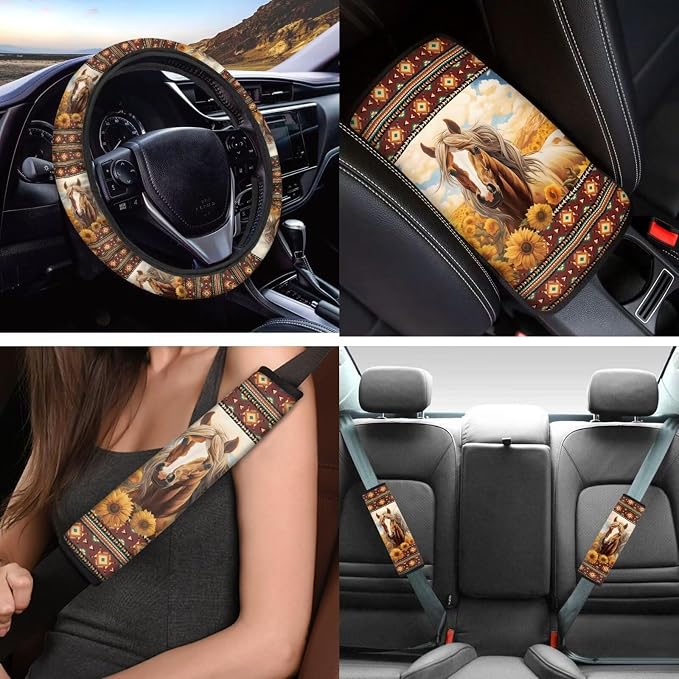 12 Pcs Aztec Horse Car Seat Cover Full Set,Southwestern Tribal Native Aztec Seat Cover Front and Back Set,Universal Fit Sunflower Auto Steering Wheel Wrap,Coaster,Armrest,Keychain for Women