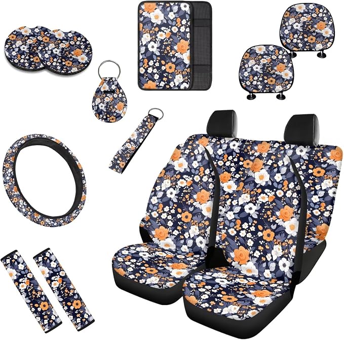 Camellia 13 Pcs Car Seat Covers Full Set, Cottagecore Flower Field Auto Front and Rear Bench Seat Protector, Vintage Garden Steering Wheel Sleeve Auto Armrest Cover