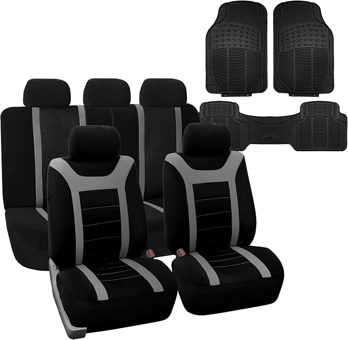 FH Group Car Seat Covers Universal Fit Full Set Interior Accessories, Sports Gray Seat Covers with Airbag and Split Rear Automotive Combo Vinyl Floor Mats Seat Covers for Cars Vans Trucks and SUV