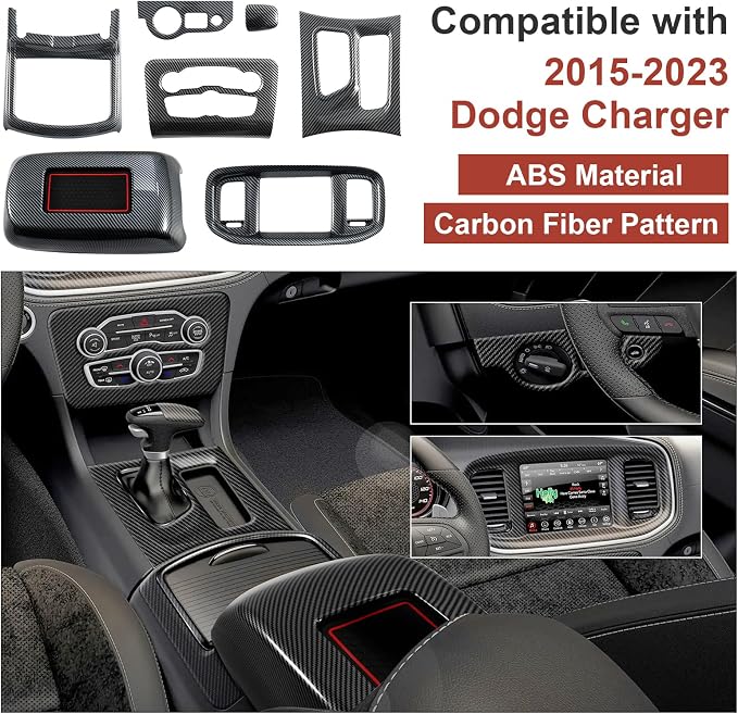 7PCS Carbon Fiber Interior Cover Kit Compatible with 2015-2023 Dodge Charger, Gear Shift Panel Cover Cup Holder Cover AC Air Vent Cover Headlight Switch Panel Cover