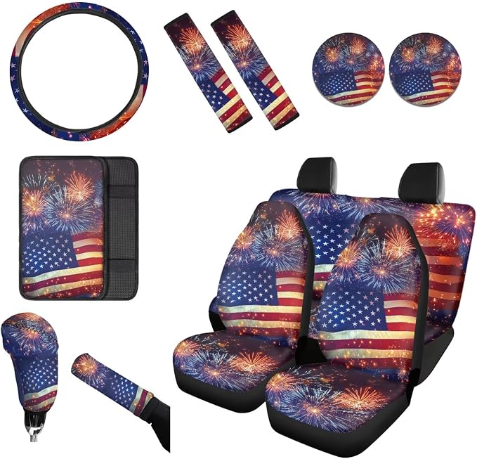 Wanyint Car Seat Covers Full Set 12 Pieces, with Steering Wheel Seat Belt Covers Armrest Pad Handbrake Gear Shift Knob Cover Cup Coaster Universal Fit for 4th of July, American Flag Fireworks