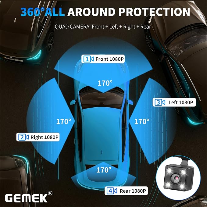 360 Degree View 4 Channel Dash Cam 5G WiFi & APP Control, GEMEK 2K Front and Rear Inside, Left Right Dash Camera for Cars Free 64GB TF Card, G-Sensor, Night Vision, 24H Parking Mode (3.01 inches)