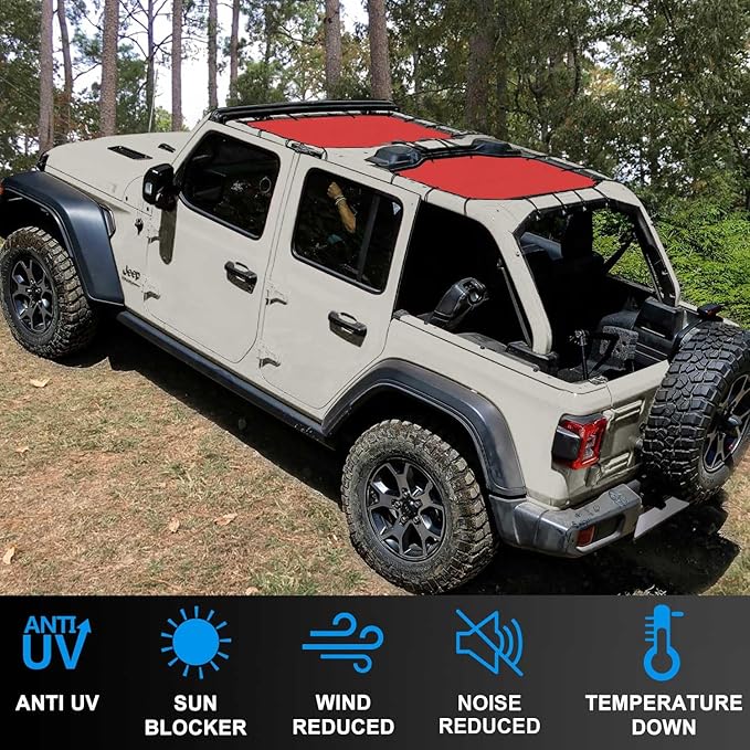 JL Top Sun Shade Roof Compatible with Jeep Wrangler 2 or 4 Door 2018 to 2023 Sunshade Sunroof Blocks UV Wind Noise Cherry Red Mesh for Front and Rear 2 pcs