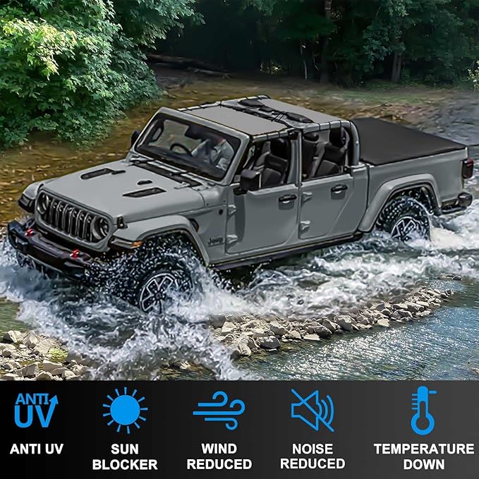 JT Top Sun Shade Roof Compatible with Jeep Gladiator 4 Door 2018 to 2023 Sunshade Sunroof Bikini Cover Blocks UV Wind Noise Gray Mesh for Front and Rear 2 pcs