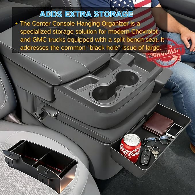 Center Console Organizer for 2019-2026 Chevy Silverado/GMC Sierra 1500 | Jump Seat Hanging Storage Box with Dividers, Expanding Storage Space Upgrade Floor Console for Truck - Interior Accessories