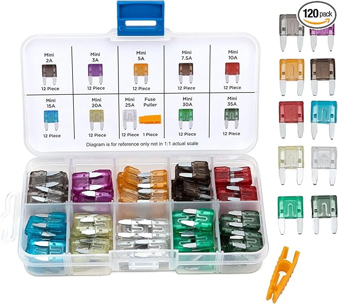 NEIKO 50503A Mini Car Fuses Assortment Set, 120pc, Fast Acting, Auto Fuses Kit, Standard Sizes, 2A, 3A, 5A, 7.5A, 10A, 15A, 20A, 25A, 30A, and 35 Amp, Marine Boat, RV, Car Fuse Kit, Fuse Puller