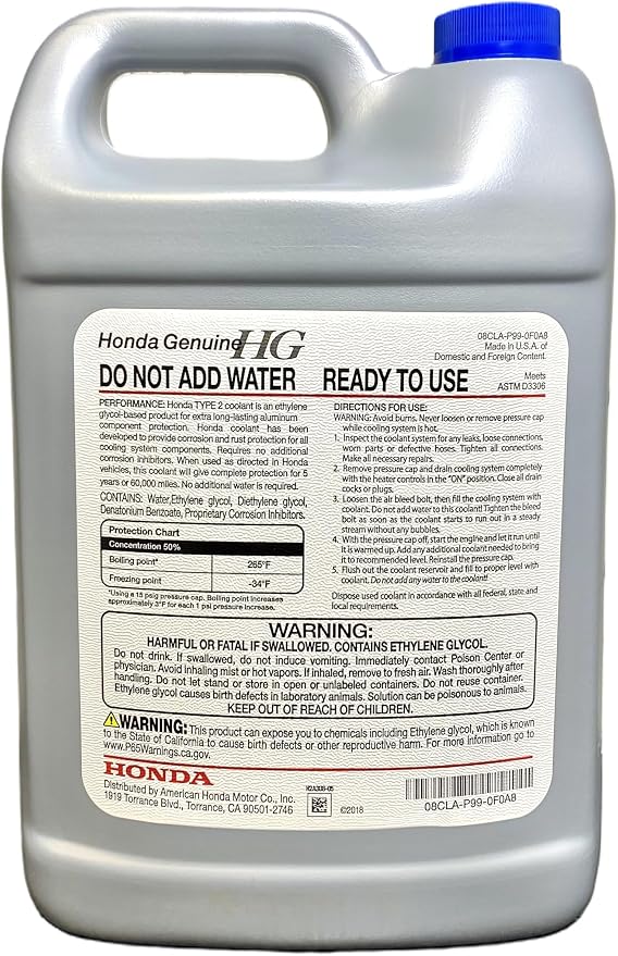 Honda Genuine Extended Life Antifreeze/Coolant Type 2, 50/50 Pre-Diluted, 1 Gallon