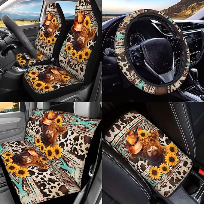 BIGCARJOB Highland Cow Tribal Print Car Seat Covers Set 15 Pieces Seat Headrest Cover Universal Steering Wheel Cover Highland Cow Car Trash Can Hanging Auto Interior Accessories Set