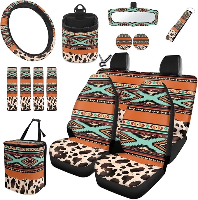 XYZCANDO Tribal Auto Interior Sets 15 PCS Car Seat Cover Set Steering Wheel Cover Seat Car Rear View Mirror Cover Belt Pads Cover Garbage Bag Storage Box Coasters Keychain for Sedans Van SUV