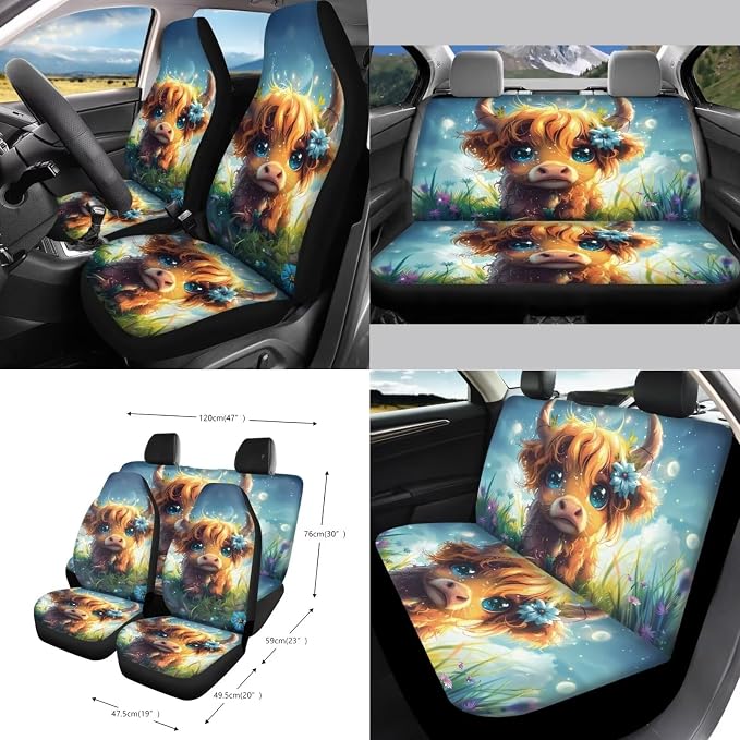 Wanyint Cute Highland Cow 15 PCS Car Seat Cover Full Set, with Steering Wheel Cover Seat Belt Covers Trash Can Air Vent Phone Holder Rear View Mirror Cover Coasters Key Chain Car Interior Accessories