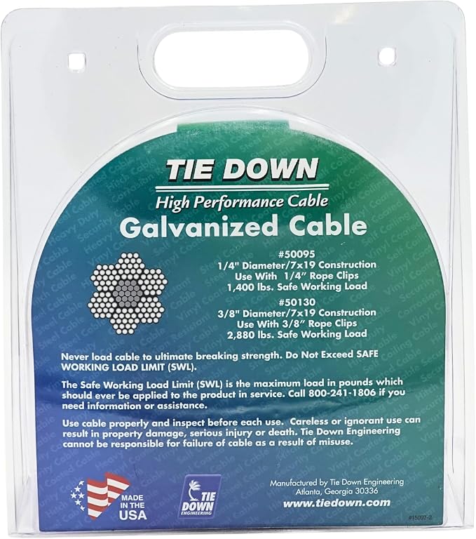 Tie Down 50130 Galvanized Cable (Swagged Loop and Thimble, 3/8 Inch, 50 Foot Roll), Pack