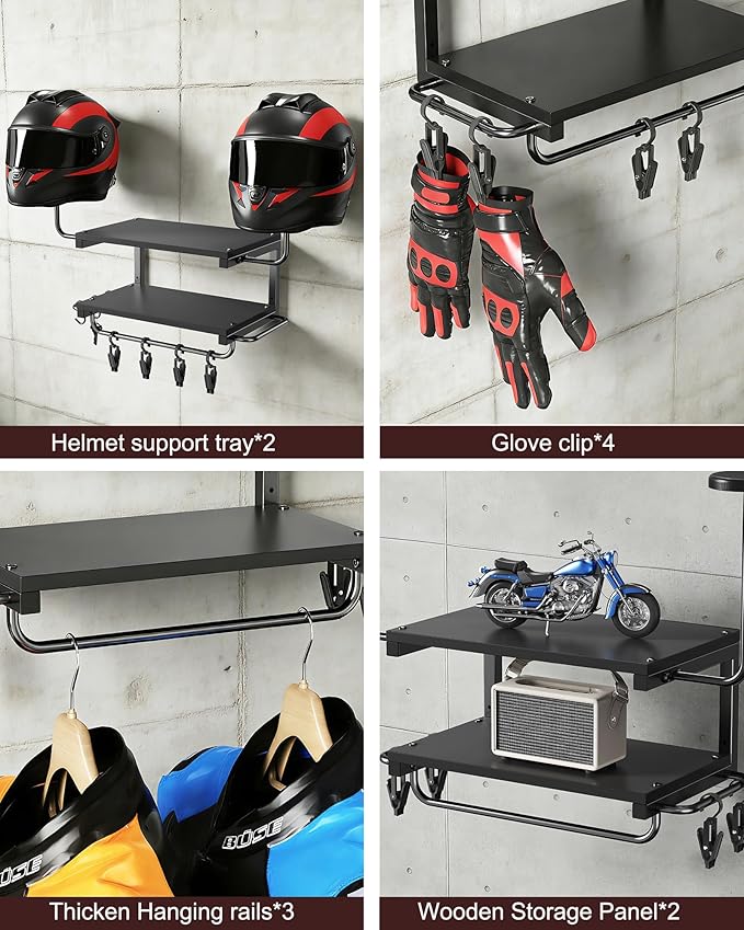 Motorcycle Helmet Holder Wall Mount, 2-Tier Helmet Rack with 2 Hat Stands, Motorcycle Accessories Gear Storage Organizer Display for Men Jackets, Caps in Garage, Living Room (Black)