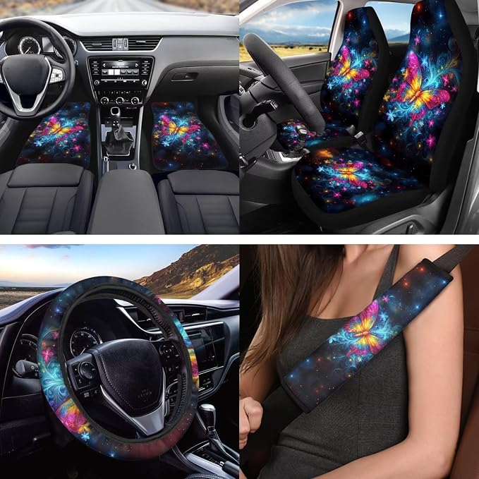 18 Pcs Colorful Butterfly Car Interior Accessories Set for Women, Car Seat Covers with Steering Wheel Cover Floor Mats Seat Belt Pads Armrest Pad Roof Handle Wraps Cup Coasters Keychains