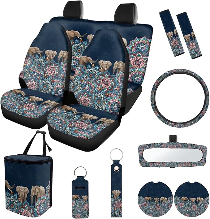 Suobstales Boho Mandala Elephant Print Car Accessories Auto Seat Covers Full Set of 13 with Steering Wheel Cover, Seat Belt Pads, Trash Can, Coaster, Rearview Mirror Cover, Keychains for SUV Van