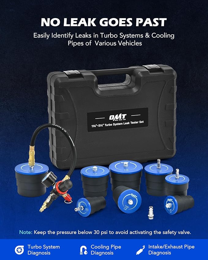 Orion Motor Tech Turbo System Leakage Tester Kit, 10pc Turbo Boost Leak Tester Set with 4 Pairs of Stepped Adapters 1-3/8" to 3-1/2", Turbo Pressure Leakage Tester for Cooling Emissions Exhaust Pipes