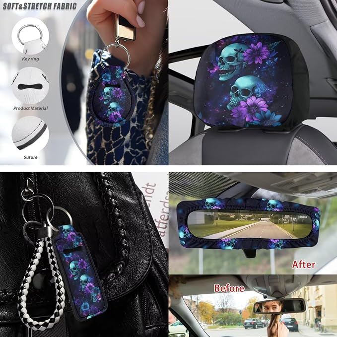 Skull Floral Printed Auto Seat Protector with Stretchable Armrest Pad Cover Waterproof Lipstick Holder Keychain Car Coaster Non Slip Car Seat Cover Full Set Auto Accessories Set, 15 Pack