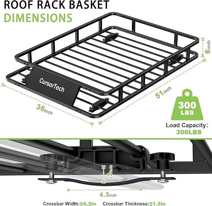Roof Rack Basket 51" x 36" Heavy Duty Roof Cargo Basket 300 lbs Capacity Steel Roof Basket Vehicle Cargo Rack Luggage Holder Rack for SUV Truck Car Travel Camping Storage