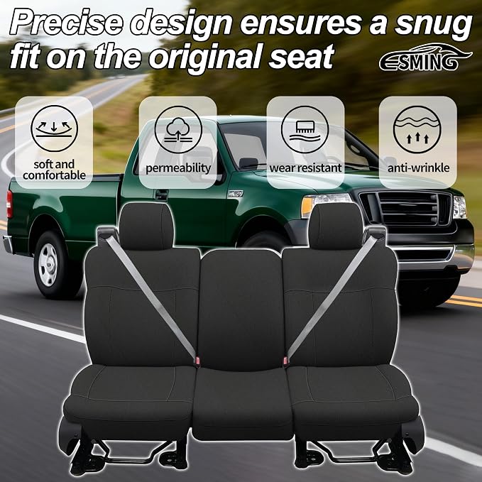 ESMING Heavy-Duty Knitted Fabric Front Seat Covers for Ford F150 XLT Super Cab 2004 2005 2006 2007 2008, Heavy-Duty, Non-Slip & Breathable-Black