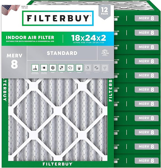 Filterbuy 18x24x2 Air Filter MERV 8 Essential Dust & Allergy Defense (12-Pack), Electrostatic Pleated HVAC AC Furnace Filters Replacement (Actual Size: 17.38 x 23.38 x 1.75)