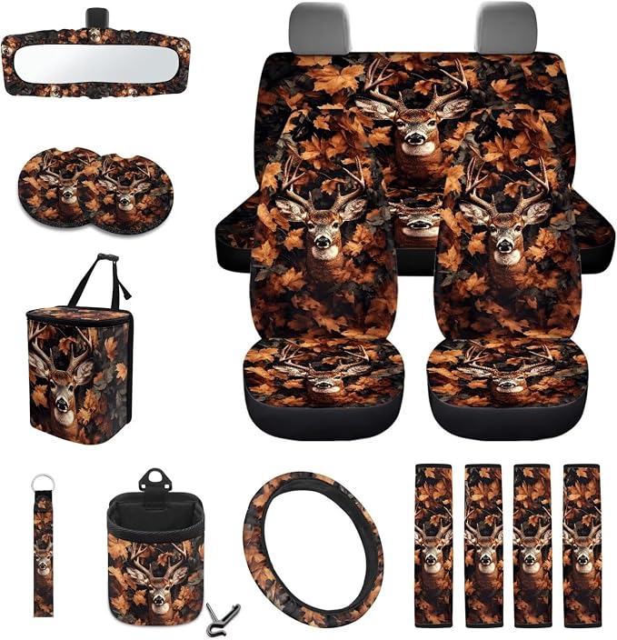 Deer Hunting Camo Print Auto Interior Sets Full Car Front Rear Seat Covers Steering Wheel Cover Seat Belt Covers Coasters Trash Can Keychain Air Vent Storage Bag 15pcs Set