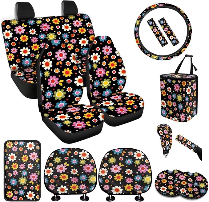 BIGCARJOB 15 Pcs Stylish Daisy Car Interior Sets for Women Car Seat Cover Vehicle Bucket Seat Cover Full Set Trash Can Car Seat Headrest Pillow Cover Seat Belt Pads