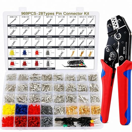 969Pcs Pin Connectors Kit 28 Types Car Electrical Wire Connectors Terminal Pins 1/1.5/1.8/2.2/2.3/2.8/3.5mm Male & Female Non Insulated Wire Terminal Pin Kit with Ratchet Crimping Tool