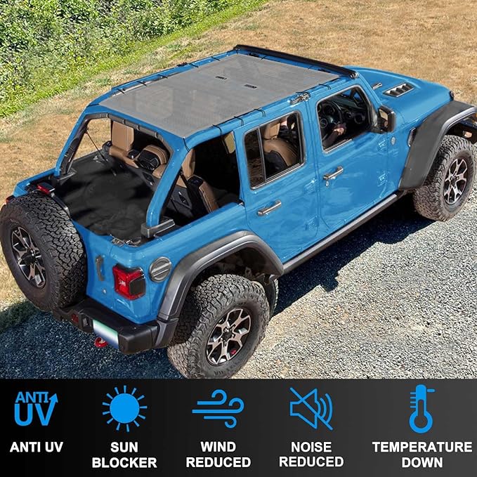 JL Top Sun Shade Roof Compatible with Jeep Wrangler 2 or 4 Door 2018 to 2023 Sunshade Sunroof Cover Blocks UV Wind Noise Gray Mesh for Full Length