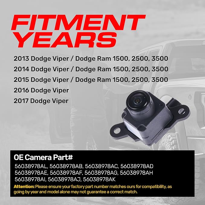 Master Tailgaters Replacement for Dodge Ram (2013-2015), Viper (2013-2017) Backup Camera OE Part # 56038978AL, 56038978AB, 56038978AC, 56038978AD, 56038978AE, 56038978AF, 56038978AG, 56038978AH