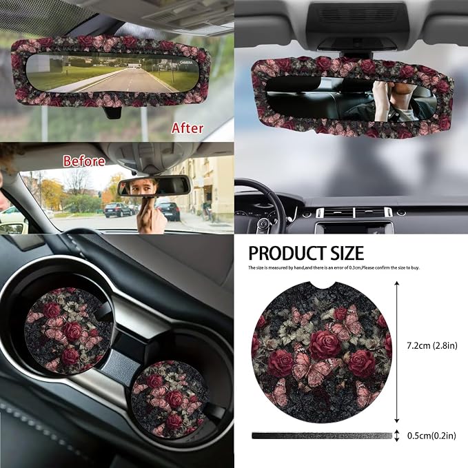 Rose Butterfly Print Car Seat Covers Front and Back Full Set with Steering Wheel Cover Armrest Cushion Safety Belt Pads Inside Rearview Mirror Cover Trash Bin, Universal Fits