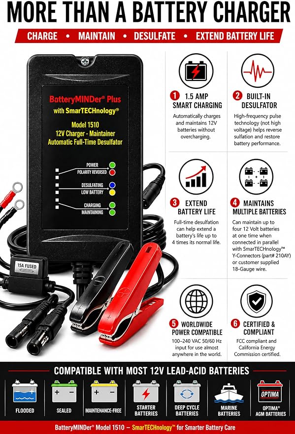 BatteryMINDer 1510 12 Volt-1.5 Amp Smart Battery Charger, Maintainer & Desulfator, Automatic Trickle Charger for Car, Motorcycle, Marine Batteries Ideal for Winter & Long-Term Storage