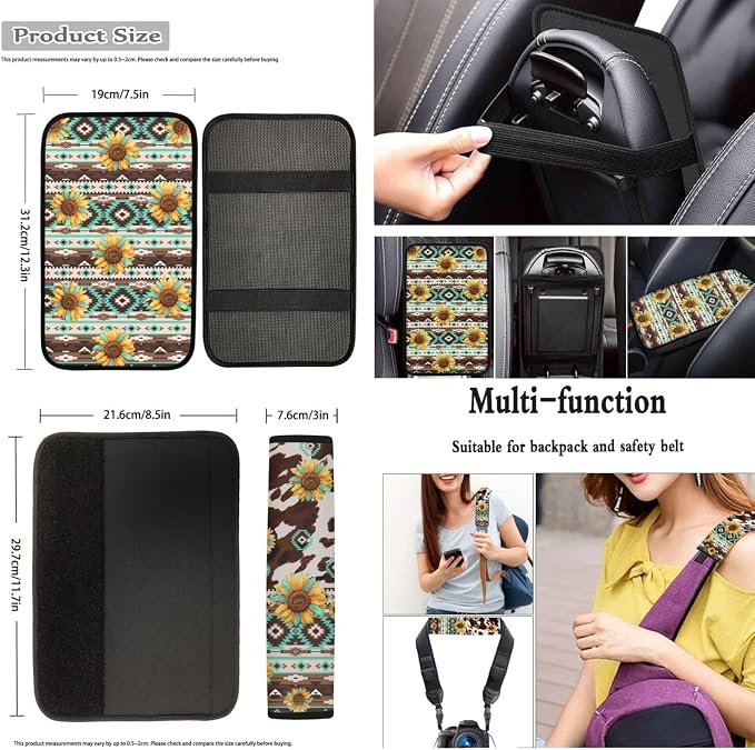 Dreaweet Sunflower Aztec Cow Seat Covers for Trucks SUV Cars Full Set with Car Steering Wheel Cover,Center Console Cover,Car Coasters,Seatbelt Covers,Gear Shift Cover,Handbrake Cover,Set of 12