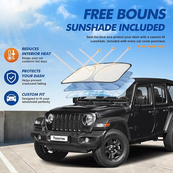 Car Cover Waterproof All-Weather,Heavy-Duty Outdoor Full Exterior Automobiles Snow Cover for Jeep Wrangler 4 Dr/Unlimited 4 Door JK JL(1987-2026),with Windshield Sun Shade,Towel&Storage Bag