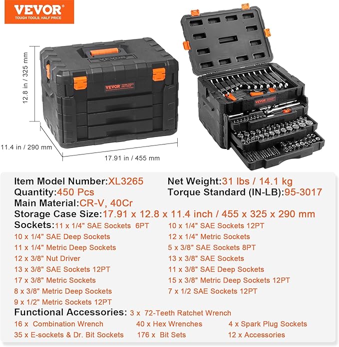 VEVOR Mechanics Tool Set and Socket Set, 1/4" 3/8" 1/2" Drive, 450 PCS | SAE and Metric Socket Wrench Set with 3-Drawer Tool Box, Tool Kit with Bits, Combination Wrench, Hex Wrenches, Accessories