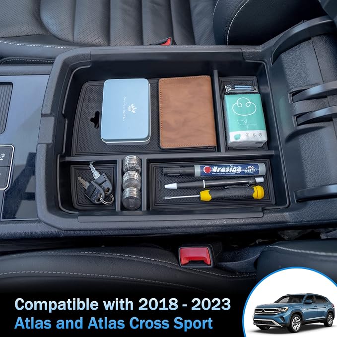 TOPINSTALL New Center Console Tray Compatible with 2018-2023 VW Atlas/Atlas Cross Sport, Armrest Organizer Storage Insert Interior Accessories, Won't Affect The Closing of The Lid (Doesn't Fit 2024)