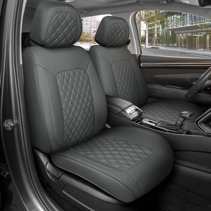 MotorBox Haven Series Napa Leather Seat Covers for Cars, Lux Edition Diamond Stitched Front Seat Covers, Premium PU Leatherette Gray Car Seat Covers for Cars Trucks SUVs