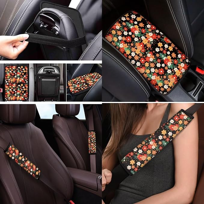 Mumeson Spring Flowers Car Seat Covers Set with Steering Wheel Cover, Seat Belt Shoulder Pads,Car Armrest Cushion of Car Full Set of 8 Pieces Auto Interior Protector Set for Womens