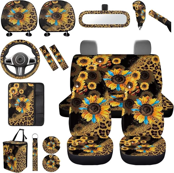 17 Pack Leopard Print Car Seat Covers Full Set for Front and Rear,Sunflower Car Accessories Sets with Women Man with Mirror Cover,Steering Wheel Cover,Auto Trash Can with Lid,Universal Fit