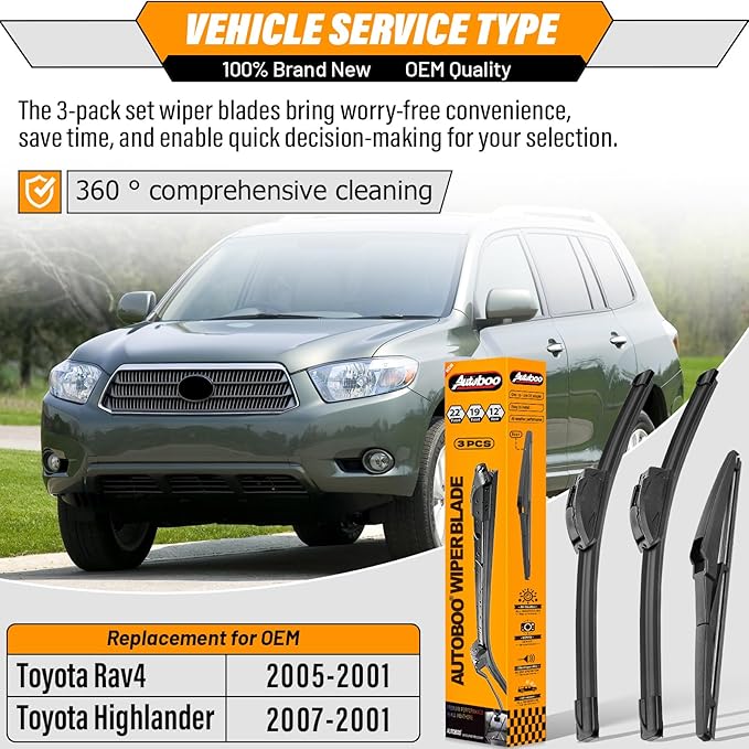 AUTOBOO 22"+19" Windshield Wipers with 12" Rear Wiper Blade Replacement for Toyota Highlander 2007 2006 2005 2004 2003 2002 2001 Toyota RAV4 2001-2005 -Original Factory Quality (Pack of 3)