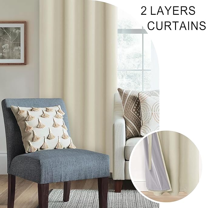XWZO 100% Blackout Curtains 54 Inches Long with Tiebacks- Privacy Protection & Noise Blocking Window Draperies Grommet Top with Black Liner for Bedroom/Living Room, Beige, W42 x L54, Set of 2