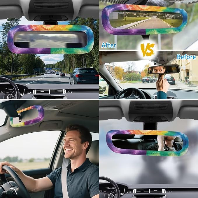 Tie Dye Car Seat Covers Full Set of 17 Pcs,Rainbow Tie Dye Car Accessories Sets with Rear View Mirror Cover,Auto Headrest Covers,Armrest Pad,Car Trash Can with Lid for Women Man